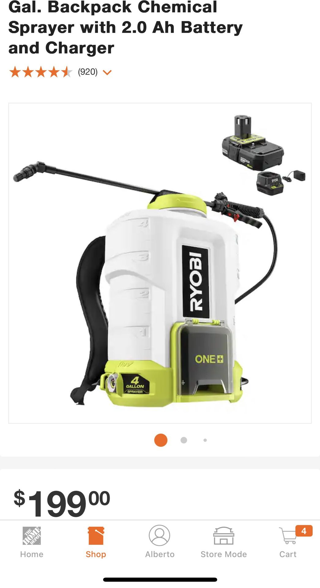Ryobi 18V 4 Gal Backpack Sprayer with battery and charger