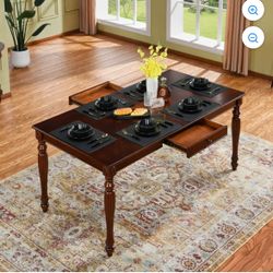 Solid Wood Dining Table with Drawer, 67.3" Kitchen Dining Room Tables Mid Century Style 6-8 Person Natural Cherry Wooden Rectangle Extension Farmhouse