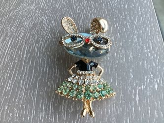 Precious New GoldenToned W/ White & Light Green Rhinestone, Faceted Light Grey Stone & Black Enamel Bunny W/ Glasses Brooch