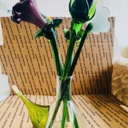 Five Hand - Made Glass Flowers And One vase 