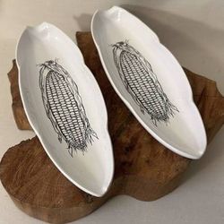 Set Of 2 T G Green Ltd Church Porcelain Corn On The Cob Holder Tray Platter Dish Made In England