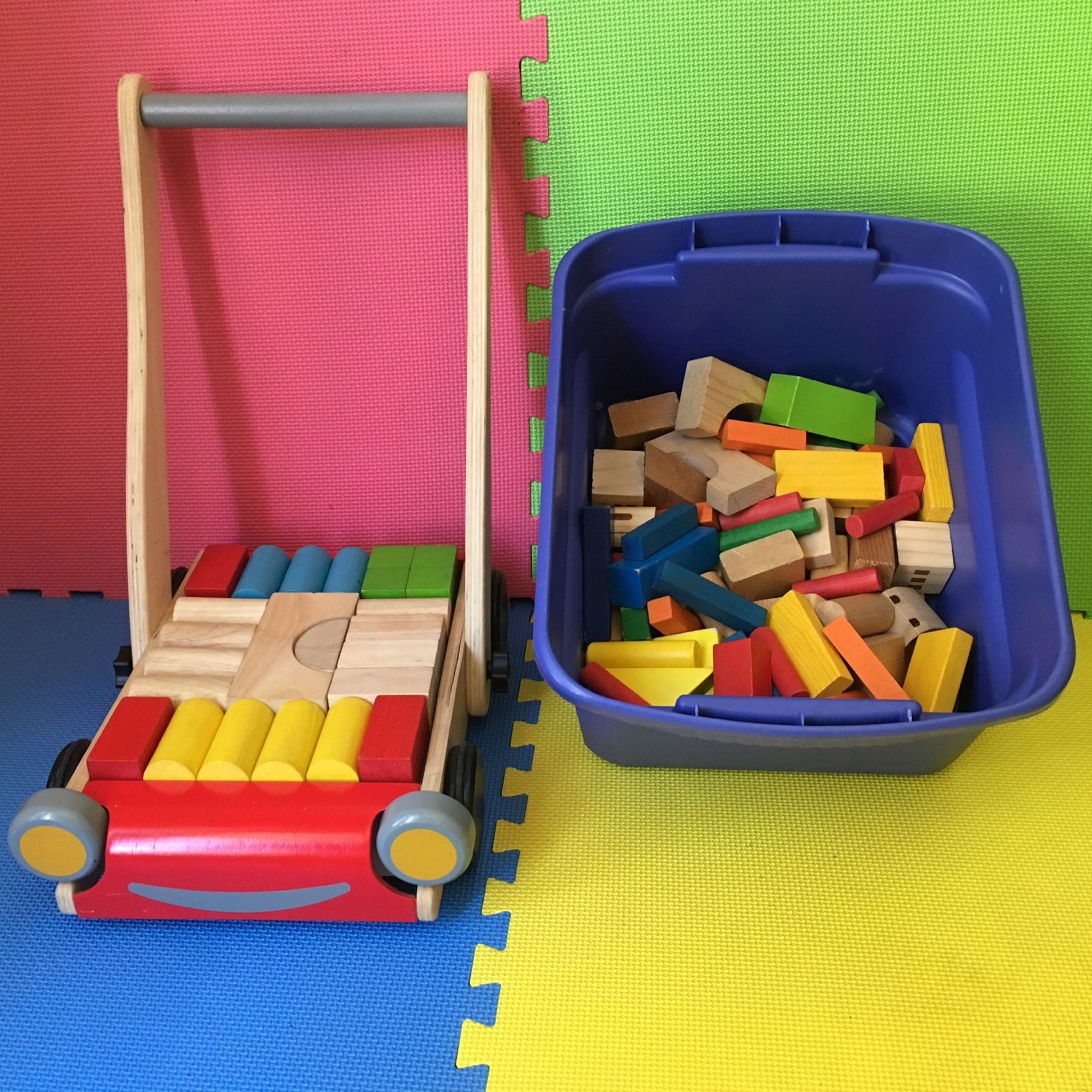 Baby walker, push car and 102 Wooden Color Blocks