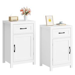 FH0032 WH Night Stand Set of 2 Nightstands with Drawer Storage Bed Side Table End Table Large Modern Wood Wide Bedside Stand Mid Century Night Stands 