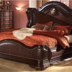 High Quality Hand Carved KING Bed Frame w/ Headboard Leather Style + Nail Head Trim