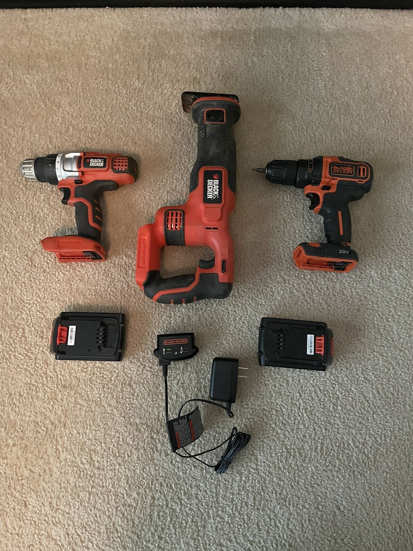 Black Decker 20V Power Tools Bundle  2 Drills & Reciprocating Saw Cordless Tools Batteries & Charger