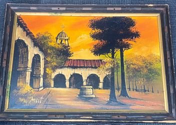 Huge Vintage Real Oil Canvas Painting Courtyard Sunset  Large 41x29”
