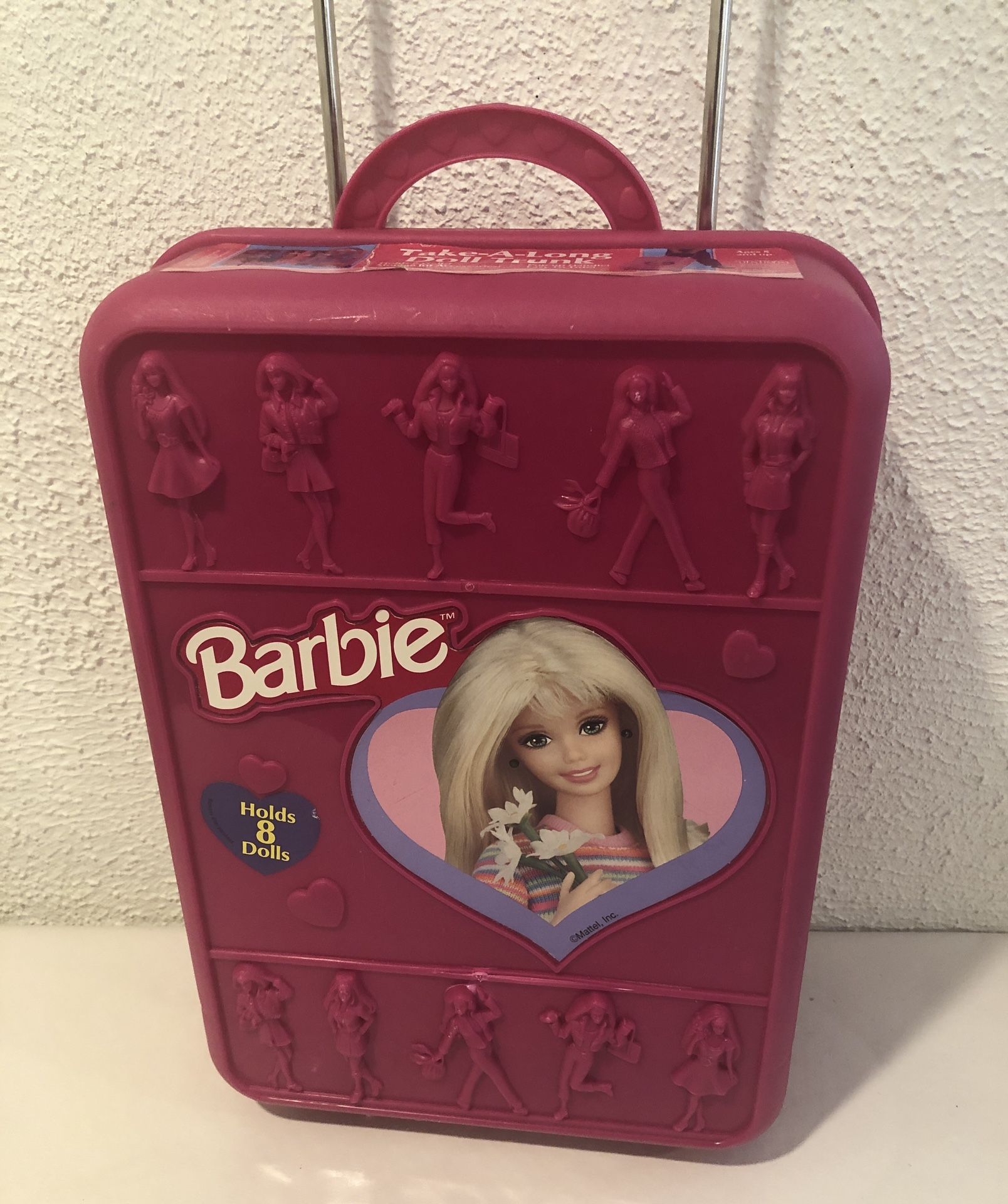Vintage 1998 Barbie Take Along Doll Trunk Rolling Suitcase , Hard Case Pink Holds 8 Dolls