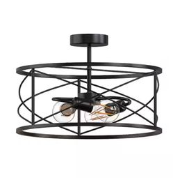 14.57 in. 3-Light Matte Black Semi- Flush Mount with Drum Cage for Bedroom or Hallway