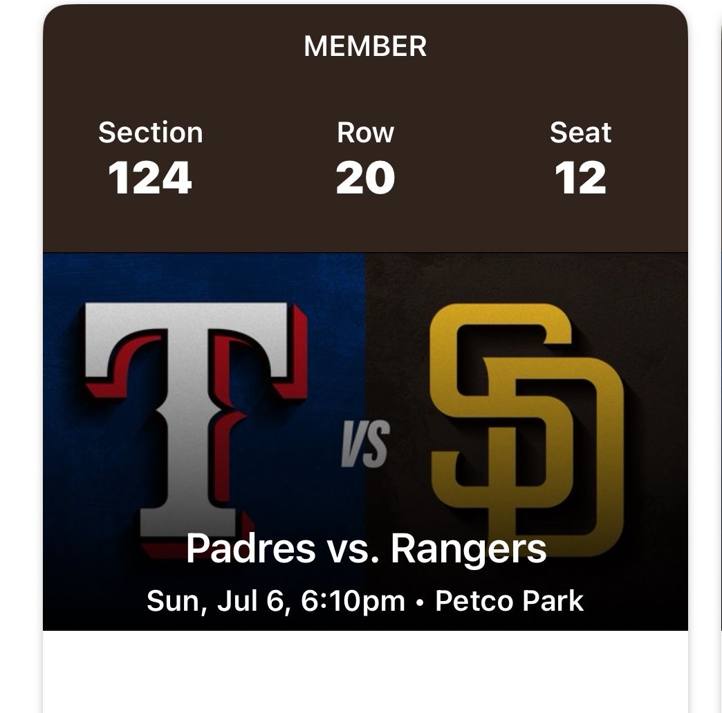 Padres Tickets (2) Vs Rangers FRONT ROW section 124