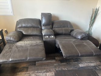 Brown Leather Reclining Loveseat with Console and Reclining Couch