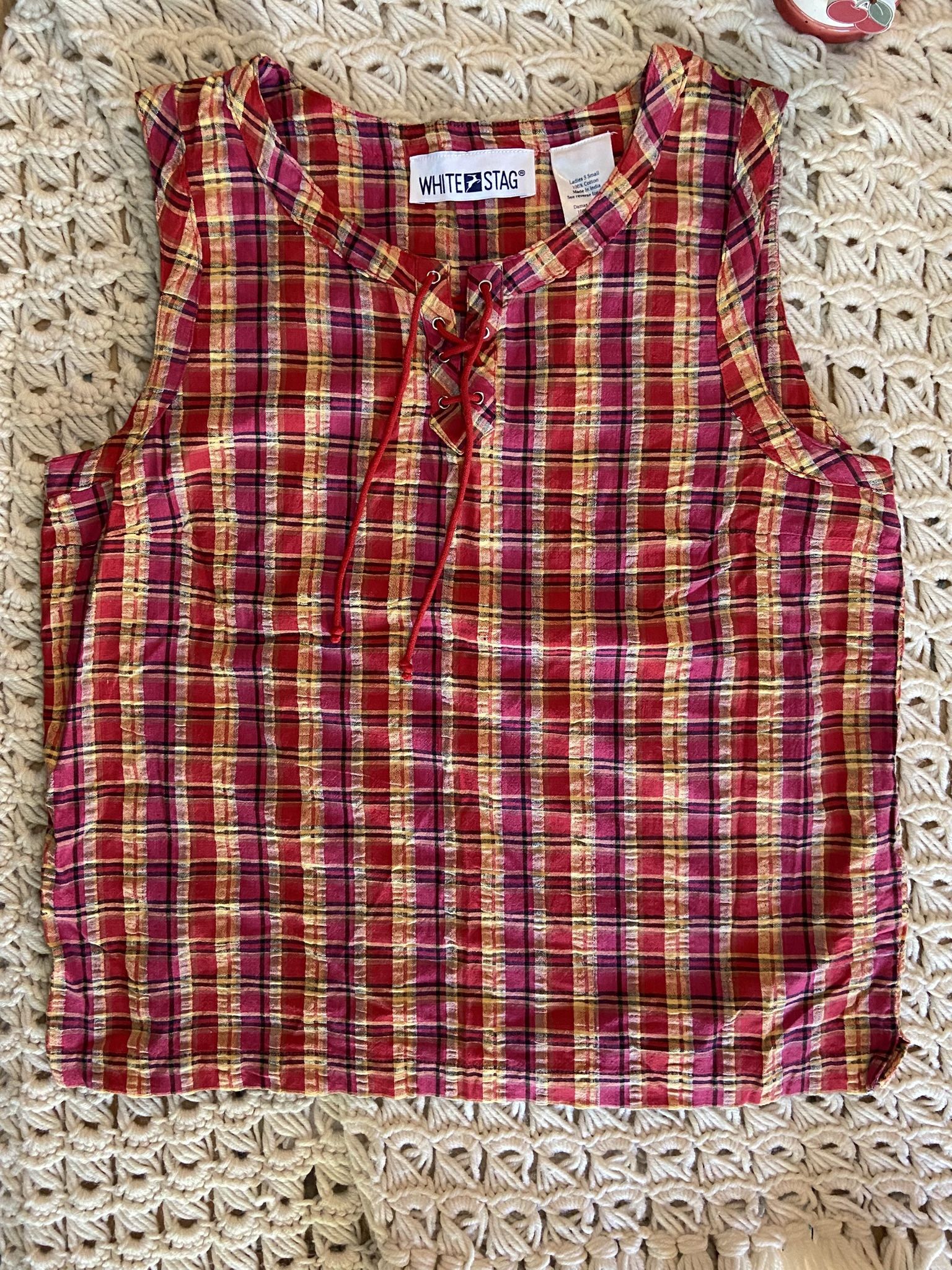 White stag Sleeveless Plaid Top Size Small Red Yellow Cotton Lave Up Neck