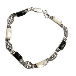 Sterling Silver Black Onyx Mother Of Pearl Marcasite Bracelet 
