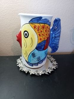 EXQUISITE Ceramiche Desuir Majolica Vietri From Italy 8.5" Kissing Fish Pitcher