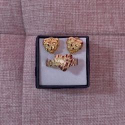 Ring And Heart Nugget Earrings Set 14k Gold Plated 