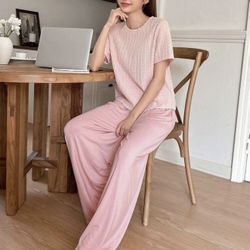  Leisure Jacquard Top & Wide Leg Pants Home Wear Set