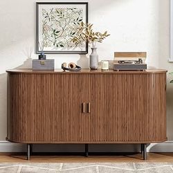 Buffet Cabinet with Storage, 55" Fluted Sideboard Buffet with Sliding Door, Coffee Bar Cabinet with Adjustable Shelf, Console Table, Accent Table for 