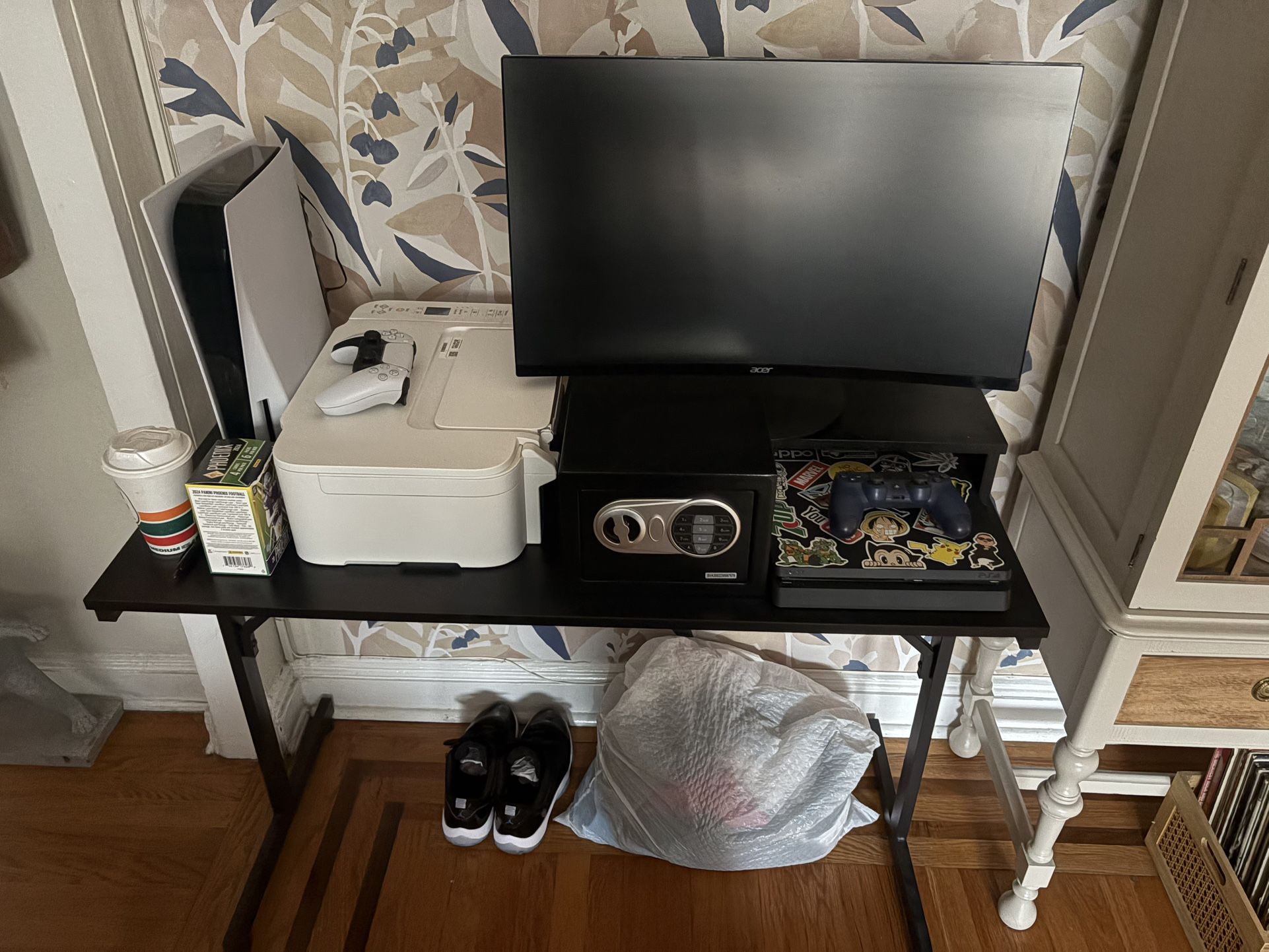 Table With Monitor Stand And Led Lights Under. Acer 27 Inch Curved Monitor, And Canon Pixma Printer.