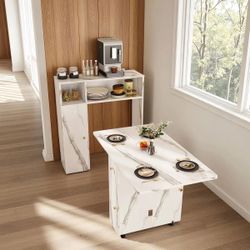 Folding Dining Table And Storage Sideboard With Charging Station, Multifunctional Space-Saving Kitchen Table With Wheels