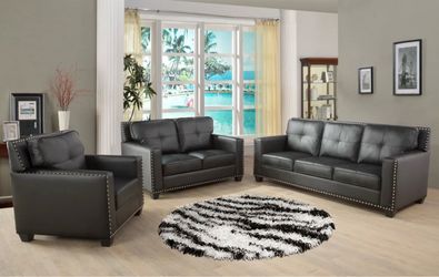 Black leather modern style three piece couch set