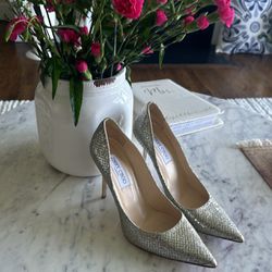 Jimmy Choo Champagne and Silver Sparkle 4 inch Pumps - size 38.5
