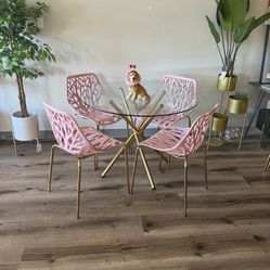 Pink Gold Dining Chairs and Table Set For 4 