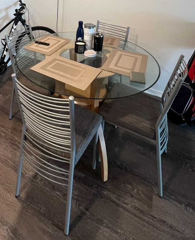Modern Glass Top Dining Table with Wooden Base & 4 Chairs - Gently Used