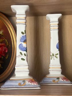 Portuguese Ceramic Candlestick Holders Pair Floral