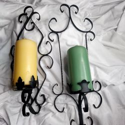 Pair Of Spanish Style Pillar Candle Holders With Candles