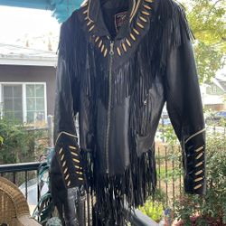 Fringe leather jacket with bone, beads size, large ladies