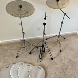 Complete set of drum cymbal stands PDP boom & straight stands Infinity hihat new quiet cymbals Remo Silentstroke mesh  practice heads 12 13 14 16” $16