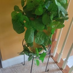 Metal Stand, Artificial Flowers, and Vase 