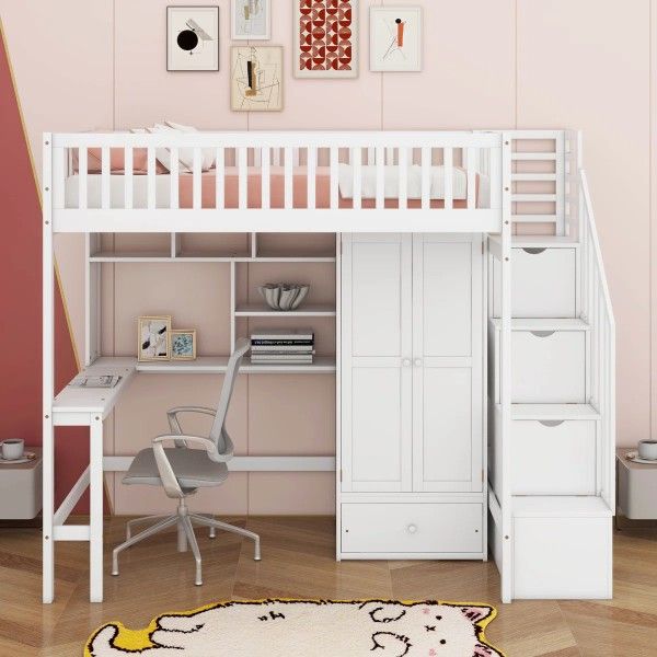 Twin Size Loft Bed with Bookshelf, Drawers and Desk - Litera Tamaño Twin con Estantería