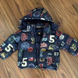 Polo Ralph Lauren Toddler Puffer Jacket 3T Hooded All-Over Logo Print Navy