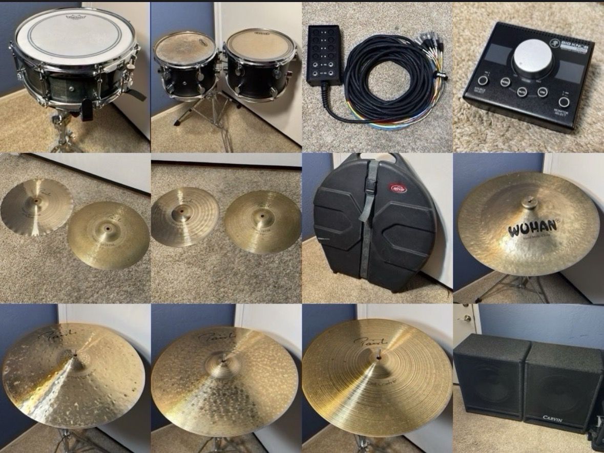 LARGE LOT OF CYMBALS/DRUMS/MUSIC GEAR