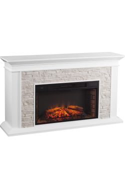 Faux Stacked Stone Electric Fireplace White With Heater
