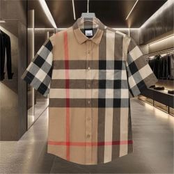 BURBERRY plaid stretch cotton short-sleeved shirt