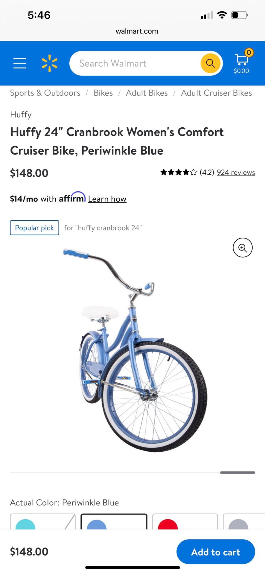 Huffy Blue Cruiser 24” Bike/ Bicycle