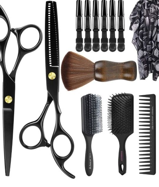 14 Pcs Professional Cutting Scissors Set, with Cutting Scissors,Thinning Scissors, Comb, Cape, Clips, Black Hairdressing Shears. Set for Salon, Home