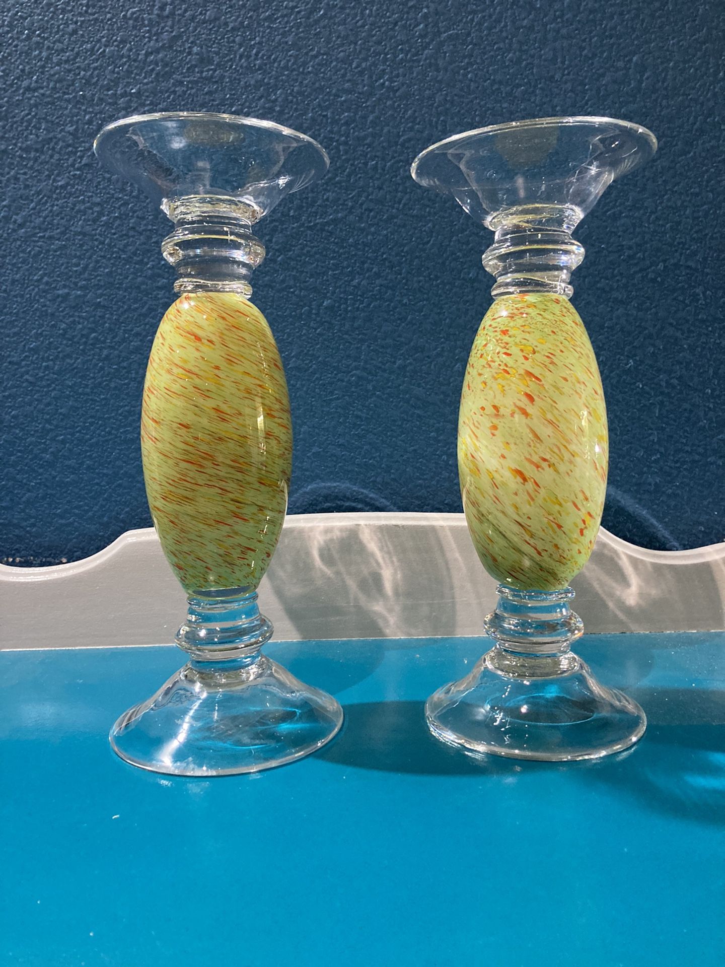 Studio Art Glass Hand Made Pillar Candle Holders (Pair)