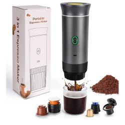 Electric Espresso Machine, 3 In 1 Portable Coffee Maker for Travel, 4-6 min Self-Heating, Compatible with Ground Coffee & Large Capsules, Small Capsul