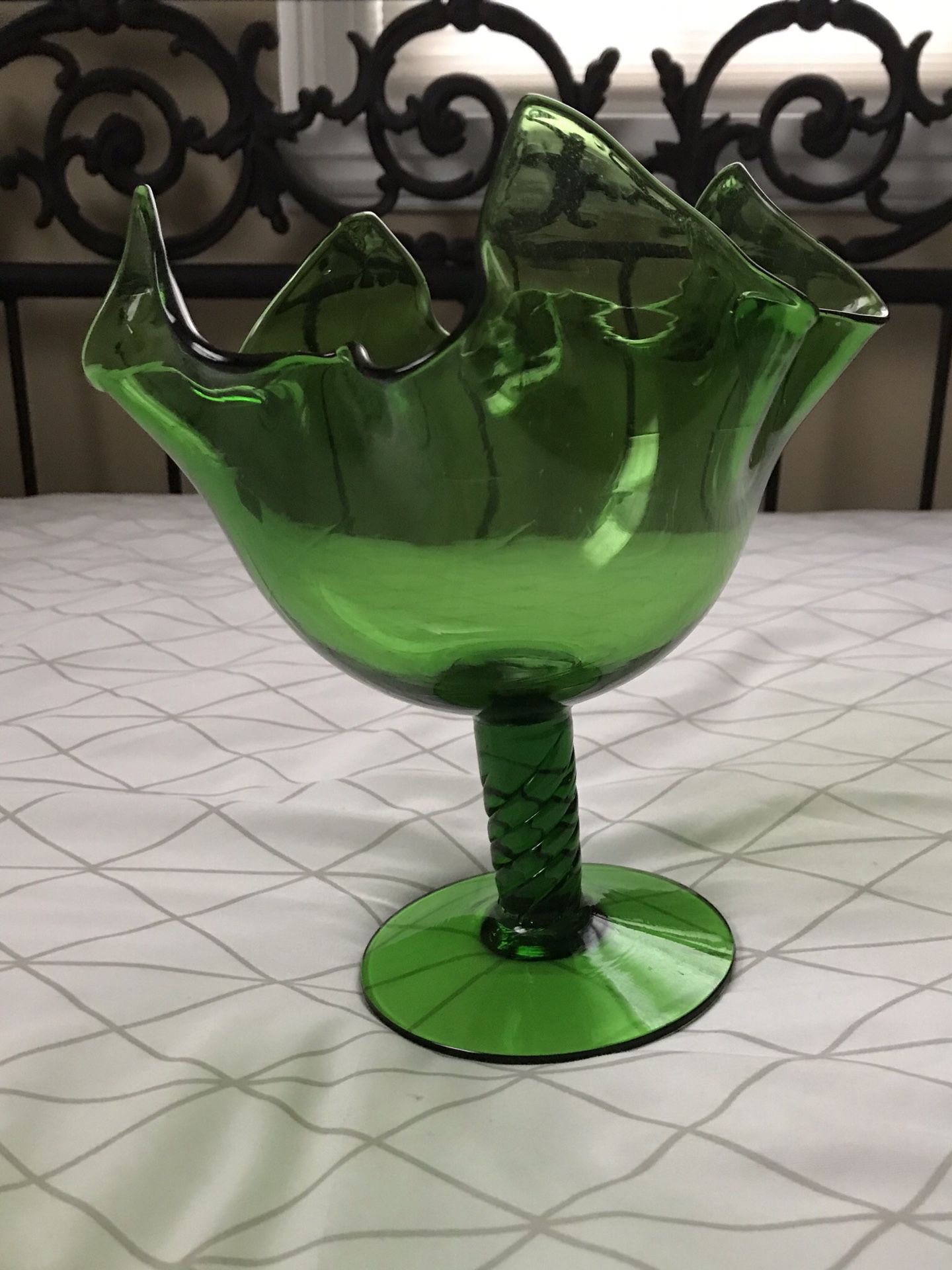 Green Glass Fluted Pedestal Compote Vase Candy Dish Made in Italy