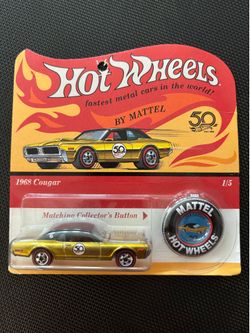 Hot Wheels 50th Anniversary Redlines 1968 Gold Cougar Matching Collector Button