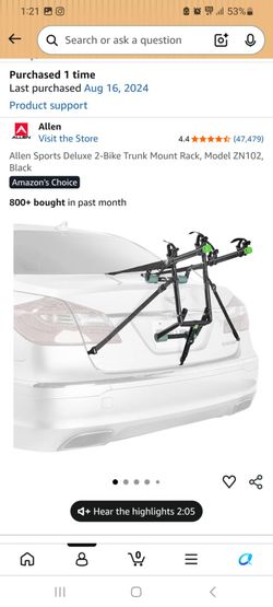 Allen Sports Deluxe 2-Bike Trunk Mount Rack, Model ZN102, Black
