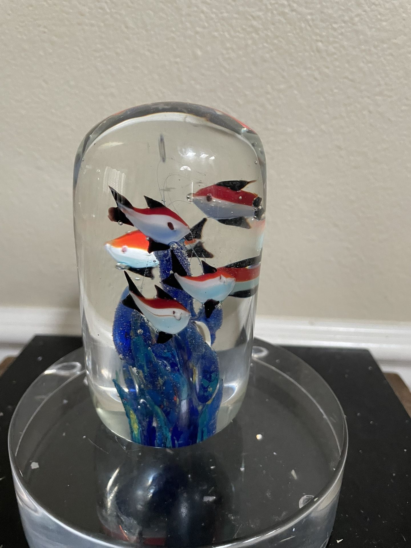 Aquarium Art Glass Paperweight with Fish Ocean Water Sculpture Murano Style 5”T