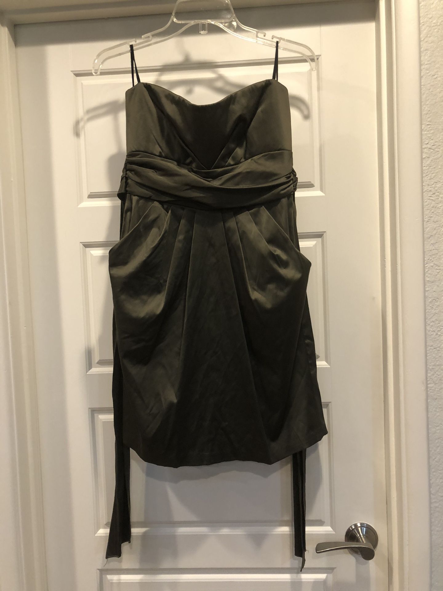 Olive green strapless short dress with pockets sash back tie size medium