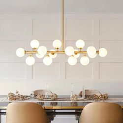 Mid Century Modern Sputnik Chandelier: 16-Light Globe Chandeliers over Table - White Glass Linear Chandelier Dining Room Light Fixture - Gold Brass Mo
