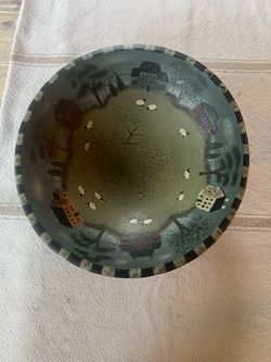 Vintage  Primitive Folk Art Heavy Wooden Bowl Hand-Painted Showing Sheep, Salt Houses