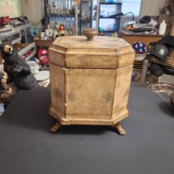 Vintage Florentine Style Wood Jewelry Or Storage Box Featuring Octagon Shape W/Ornate Claw Legs, Black Velvet Interior 9"H x 8.5"W SEE DESCRIPTION