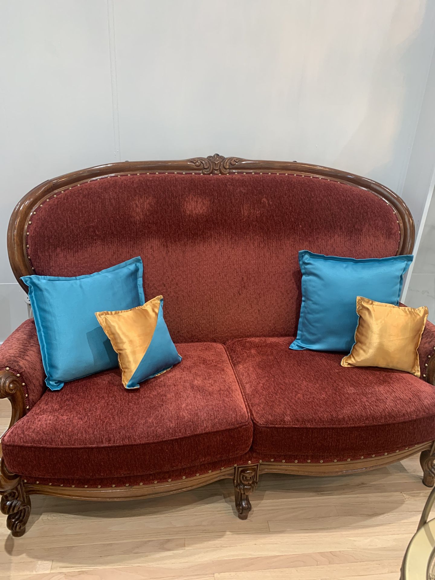 Vintage Red Velvet Carved Wood Furniture 