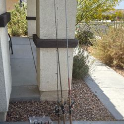 3 fishing rods and reel and box